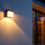 A photograph of a beautifully designed wall-mounted exterior garage light illuminating a stylish garage entrance at dusk