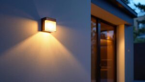 A photograph of a beautifully designed wall-mounted exterior garage light illuminating a stylish garage entrance at dusk