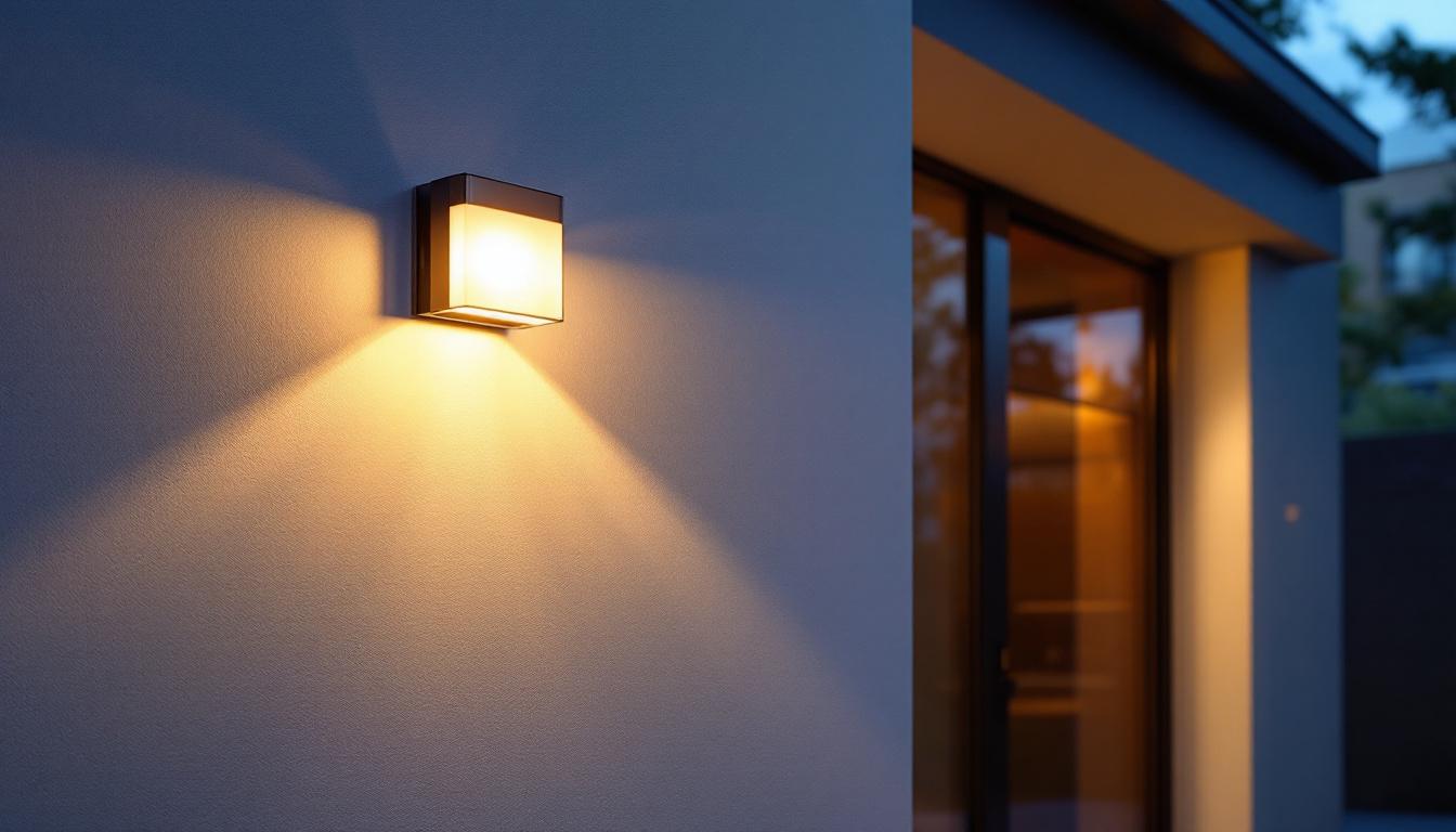 A photograph of a beautifully designed wall-mounted exterior garage light illuminating a stylish garage entrance at dusk