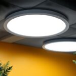 A photograph of a well-lit interior space featuring 8-inch led can lights installed in the ceiling