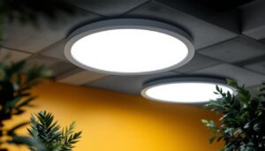 A photograph of a well-lit interior space featuring 8-inch led can lights installed in the ceiling