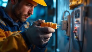 A photograph of a skilled lighting contractor installing or inspecting a 5-15p nema plug in a well-lit setting