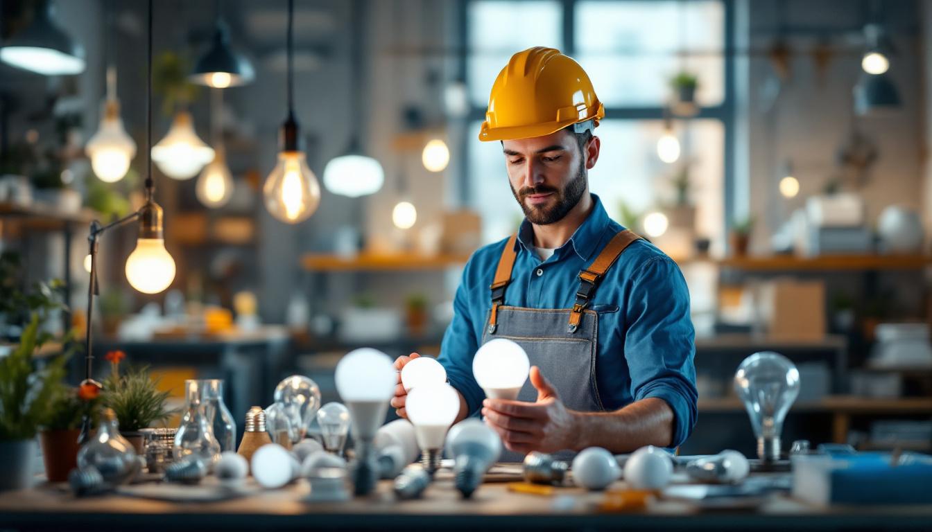 A photograph of a lighting contractor examining various types of light bulbs in a well-lit workspace