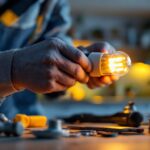 A photograph of a lighting contractor in action