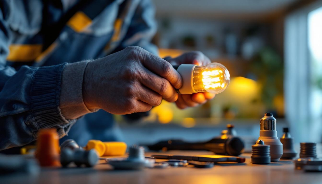 A photograph of a lighting contractor in action