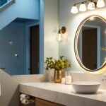 A photograph of a beautifully styled bathroom or vanity area showcasing an elegant selection of vanity lights