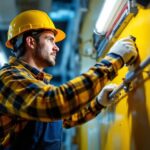 A photograph of a lighting contractor working diligently on an installation