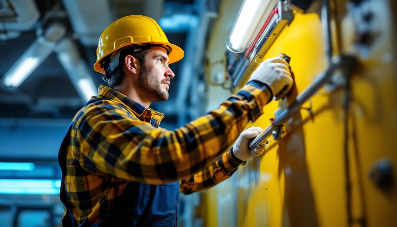 A photograph of a lighting contractor working diligently on an installation
