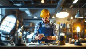 A photograph of a lighting contractor examining various led shop lights in a well-lit workspace