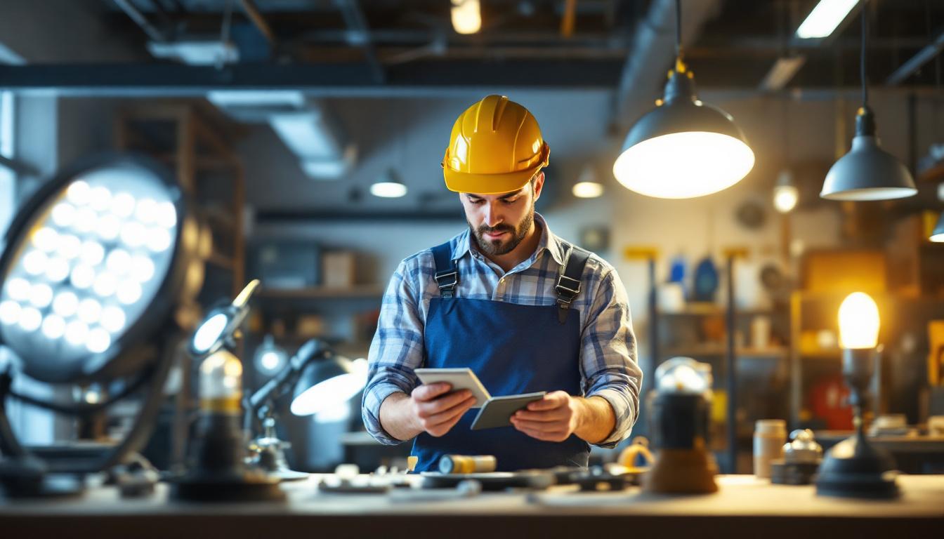 A photograph of a lighting contractor examining various led shop lights in a well-lit workspace