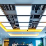 A photograph of a modern ceiling installation featuring sleek led flat lights in a stylish interior setting