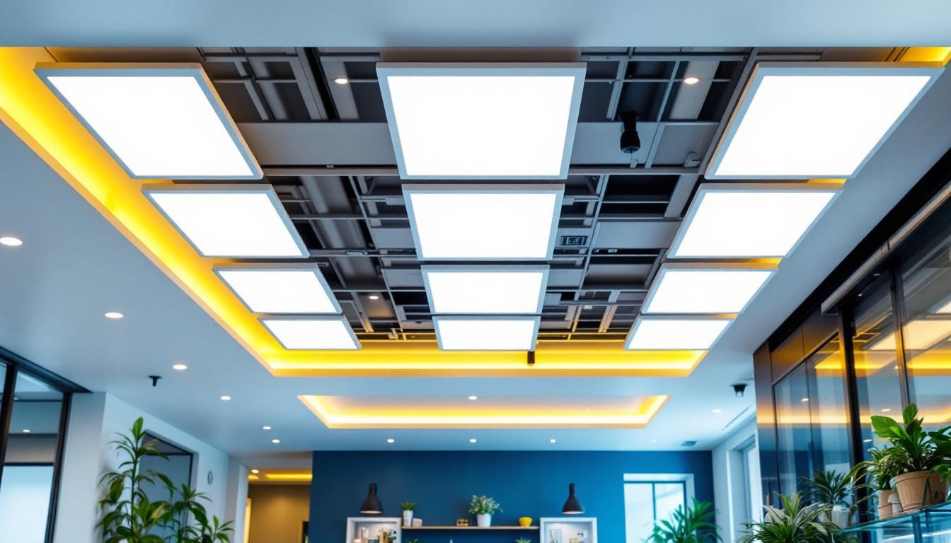 A photograph of a modern ceiling installation featuring sleek led flat lights in a stylish interior setting