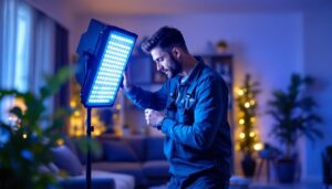 A photograph of a lighting contractor actively installing or showcasing a set of led lights in a well-lit