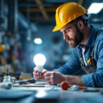 A photograph of a lighting contractor examining a 120v led lamp in a well-lit workspace
