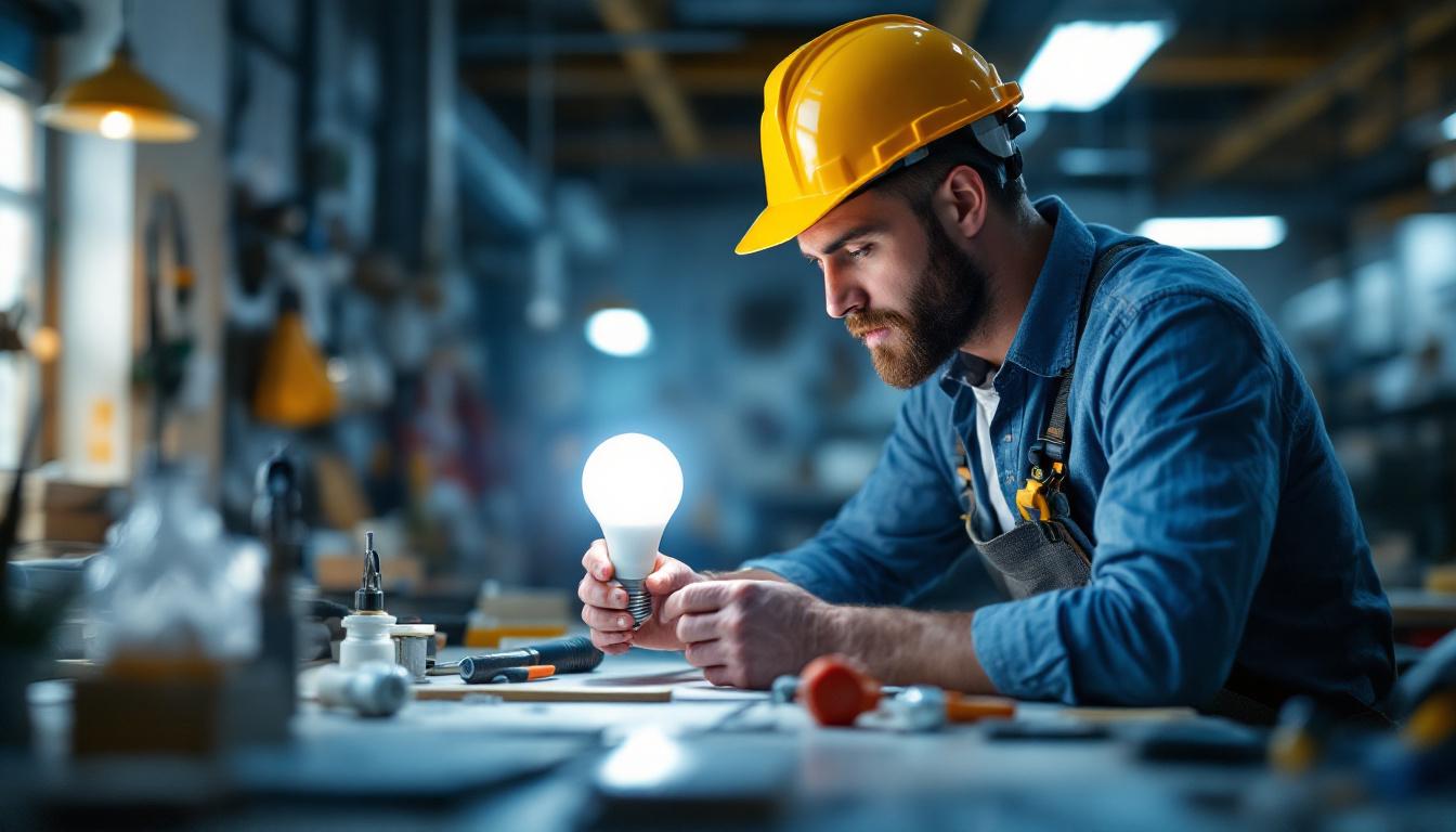 A photograph of a lighting contractor examining a 120v led lamp in a well-lit workspace