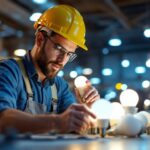 A photograph of a modern lighting contractor examining a variety of sleek