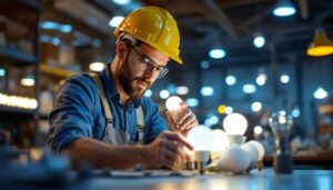 A photograph of a modern lighting contractor examining a variety of sleek