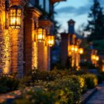 A photograph of a beautifully illuminated outdoor space showcasing various decorative flood lights in action