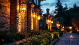 A photograph of a beautifully illuminated outdoor space showcasing various decorative flood lights in action