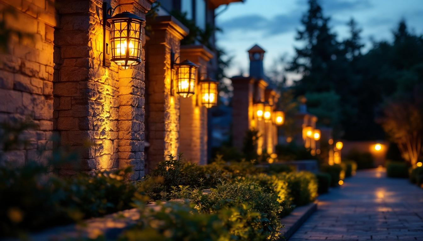 A photograph of a beautifully illuminated outdoor space showcasing various decorative flood lights in action