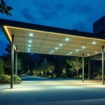 A photograph of a modern carport illuminated by sleek led lights at dusk