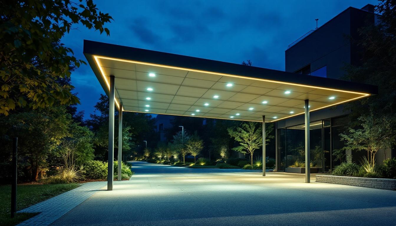 A photograph of a modern carport illuminated by sleek led lights at dusk