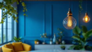 A photograph of a beautifully designed unique hanging lamp in a stylish interior setting