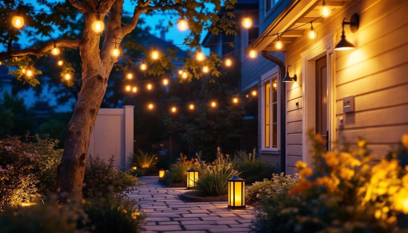 A photograph of a beautifully lit outdoor space featuring a variety of stylish and functional lighting fixtures