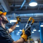 A photograph of a lighting contractor in action