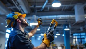 A photograph of a lighting contractor in action