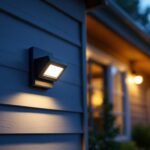 A photograph of a beautifully designed outdoor flush mount motion sensor light installed on a house exterior