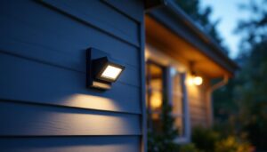 A photograph of a beautifully designed outdoor flush mount motion sensor light installed on a house exterior