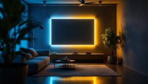 A photograph of a modern interior space showcasing a sleek led backlit panel in use