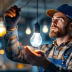 A photograph of a lighting contractor expertly installing high-definition light bulbs in a modern setting