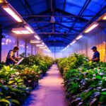 A photograph of a well-lit greenhouse interior showcasing various lighting setups