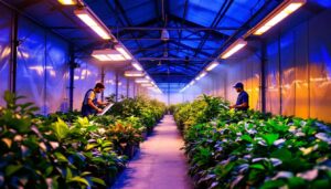 A photograph of a well-lit greenhouse interior showcasing various lighting setups