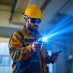 A photograph of a lighting contractor using a laser light flashlight on a job site