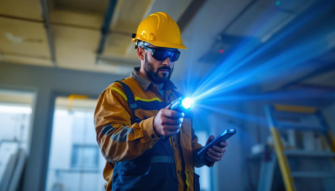 A photograph of a lighting contractor using a laser light flashlight on a job site