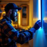 A photograph of a lighting contractor skillfully installing led strip lights in a modern interior space
