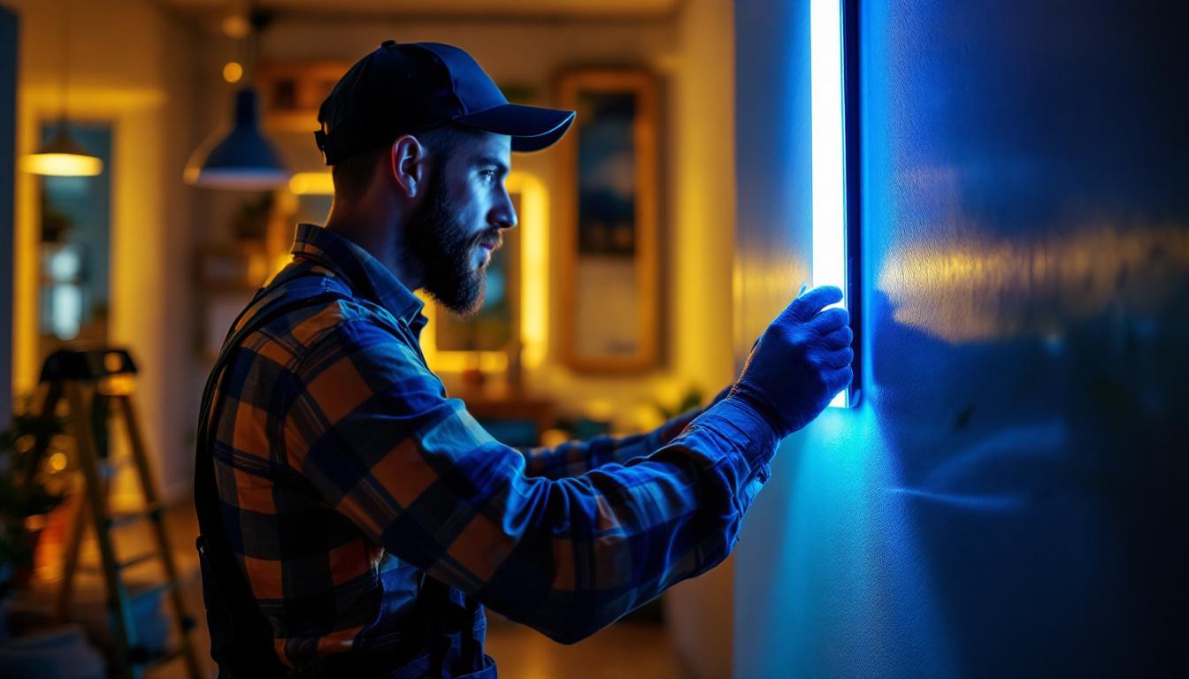 A photograph of a lighting contractor skillfully installing led strip lights in a modern interior space
