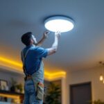 A photograph of a lighting contractor installing 5-inch led recessed lights in a modern home setting