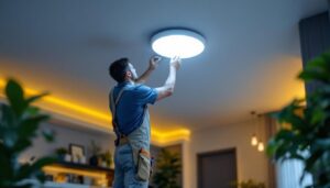 A photograph of a lighting contractor installing 5-inch led recessed lights in a modern home setting
