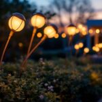 A photograph of a beautifully illuminated outdoor space featuring stylish solar-powered lights