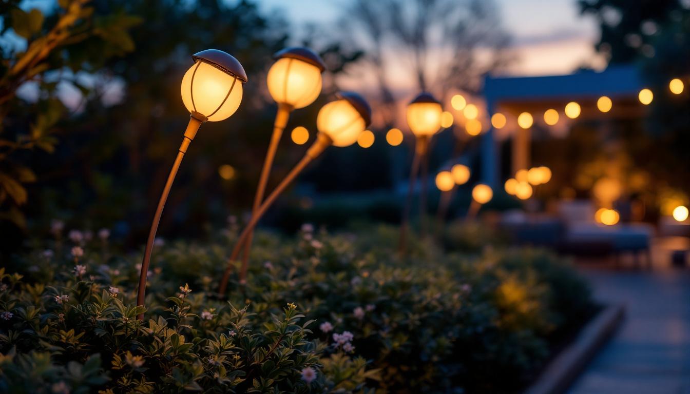 A photograph of a beautifully illuminated outdoor space featuring stylish solar-powered lights