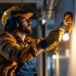 A photograph of a lighting contractor skillfully installing small size light bulbs in a modern