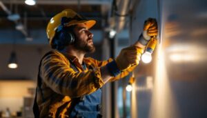 A photograph of a lighting contractor skillfully installing small size light bulbs in a modern