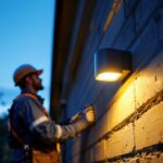 A photograph of a lighting contractor installing an outdoor wall pack fixture on a building exterior during twilight