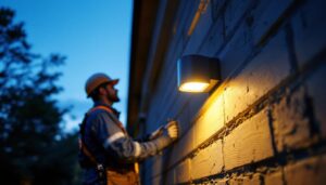 A photograph of a lighting contractor installing an outdoor wall pack fixture on a building exterior during twilight