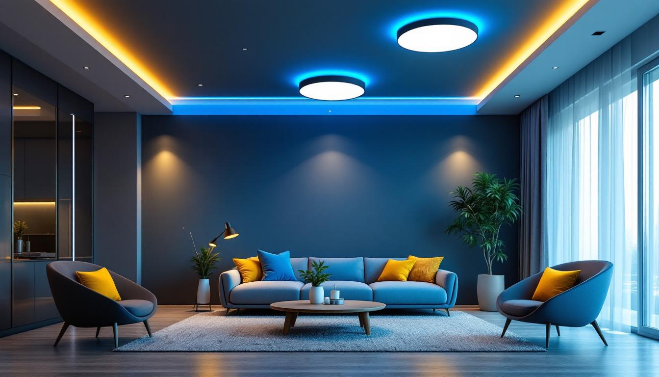 A photograph of a modern home interior showcasing various ceiling lighting designs