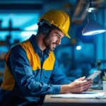 A photograph of a lighting contractor examining a uv disinfection lamp in a well-lit workspace